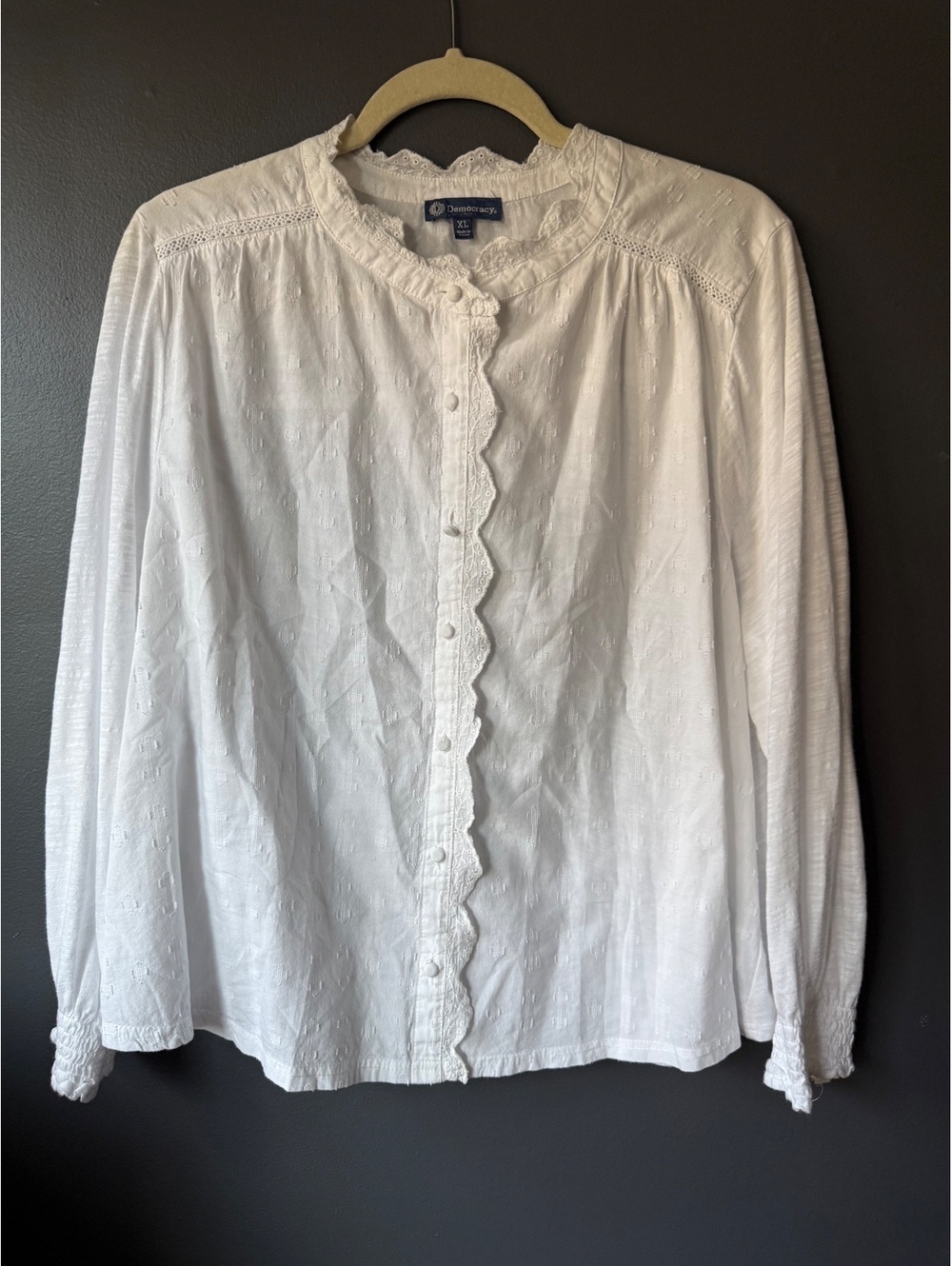 Democracy White Long Sleeve Button-Up Blouse with Lace Detail XL